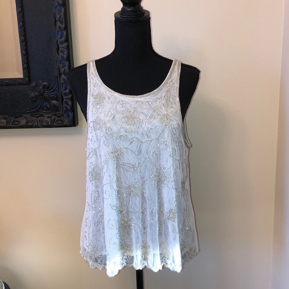 BKE Boutique White Tank with Silver Beaded Detail!